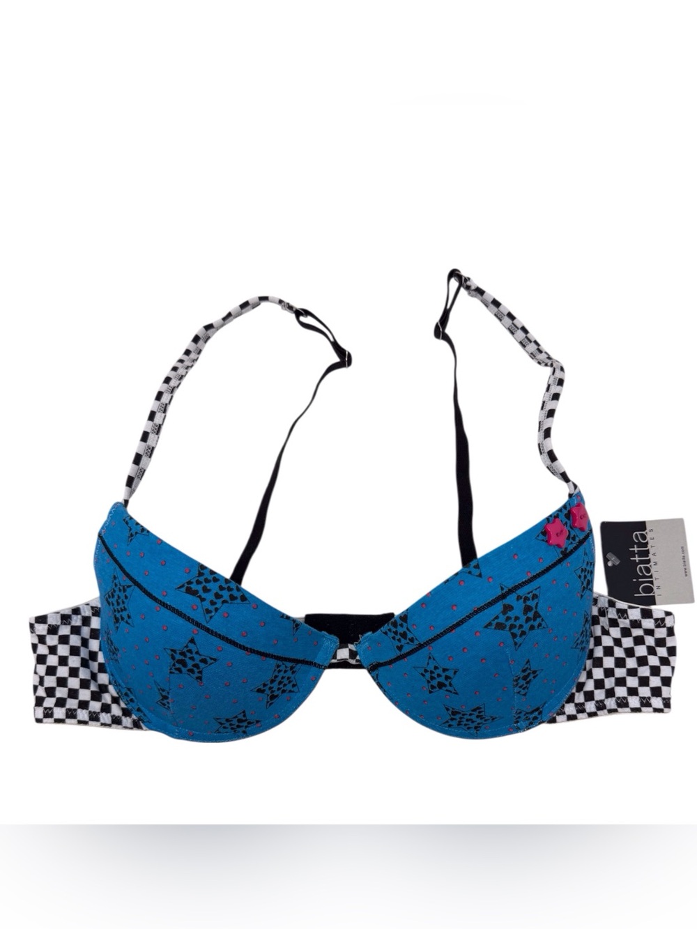 Biatta Intimates Padded Bra W/Blue Star Print With Black Checker Accents Sz 36B